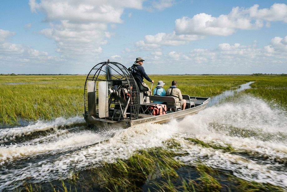 An airboat speeding across the Everglades sawgrass